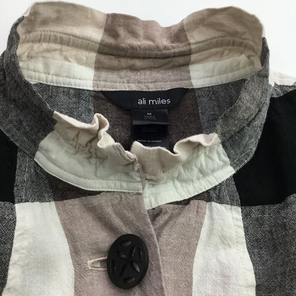 Ali Miles Linen Blend Button Up Tunic sz M Nova Check Plaid Ruffle Babydoll NEW - Picture 5 of 11
